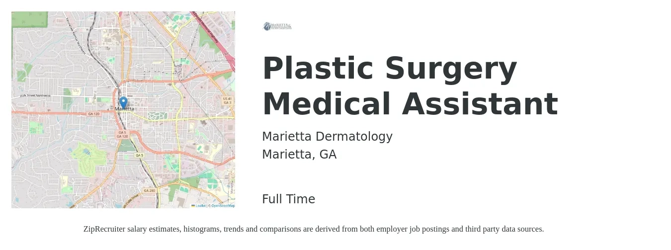 Marietta Dermatology job posting for a Plastic Surgery Medical Assistant in Marietta, GA with a salary of $20 to $23 Hourly with a map of Marietta location.