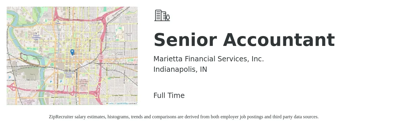 Marietta Financial Services, Inc. job posting for a Senior Accountant in Indianapolis, IN with a salary of $70,700 to $88,900 Yearly with a map of Indianapolis location.