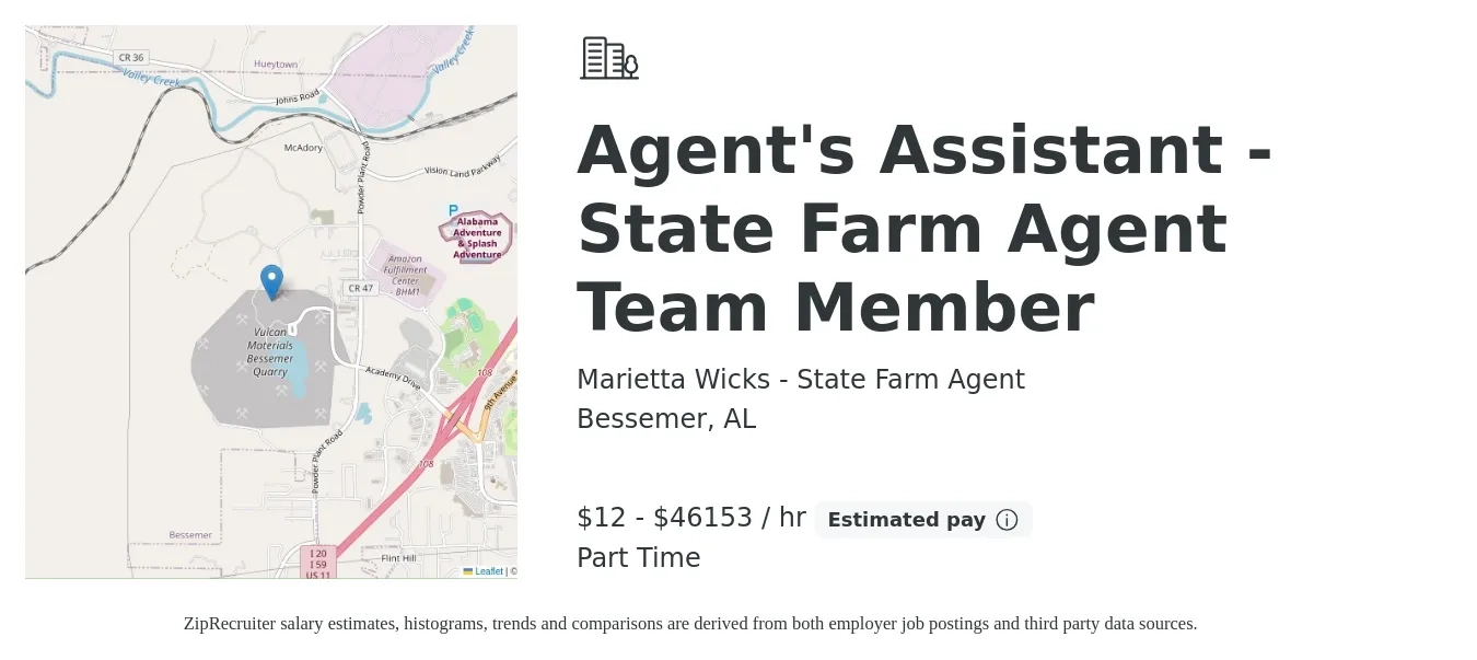 Marietta Wicks - State Farm Agent job posting for a Agent's Assistant - State Farm Agent Team Member in Bessemer, AL with a salary of $12 to $48,000 Hourly with a map of Bessemer location.