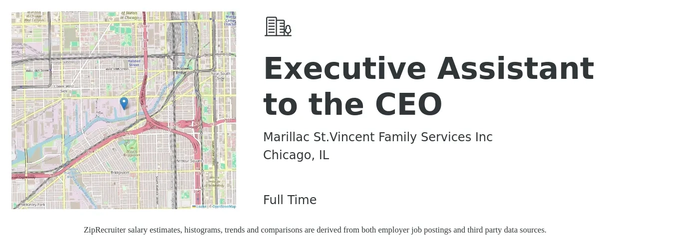 Marillac St.Vincent Family Services Inc job posting for a Executive Assistant to the CEO in Chicago, IL with a salary of $56,200 to $103,100 Yearly with a map of Chicago location.