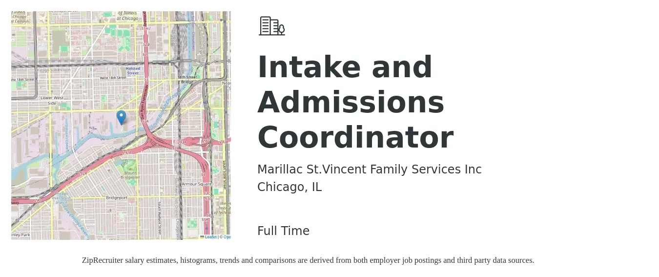 Marillac St.Vincent Family Services Inc job posting for a Intake and Admissions Coordinator in Chicago, IL with a salary of $20 to $27 Hourly with a map of Chicago location.
