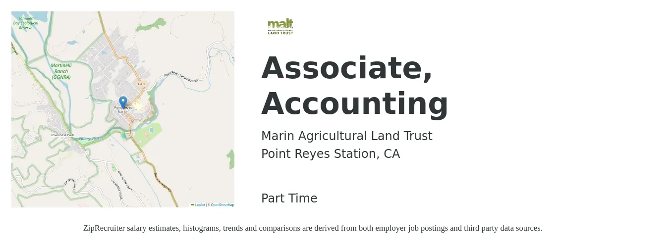 Marin Agricultural Land Trust job posting for a Associate, Accounting in Point Reyes Station, CA with a salary of $35 to $39 Hourly with a map of Point Reyes Station location.