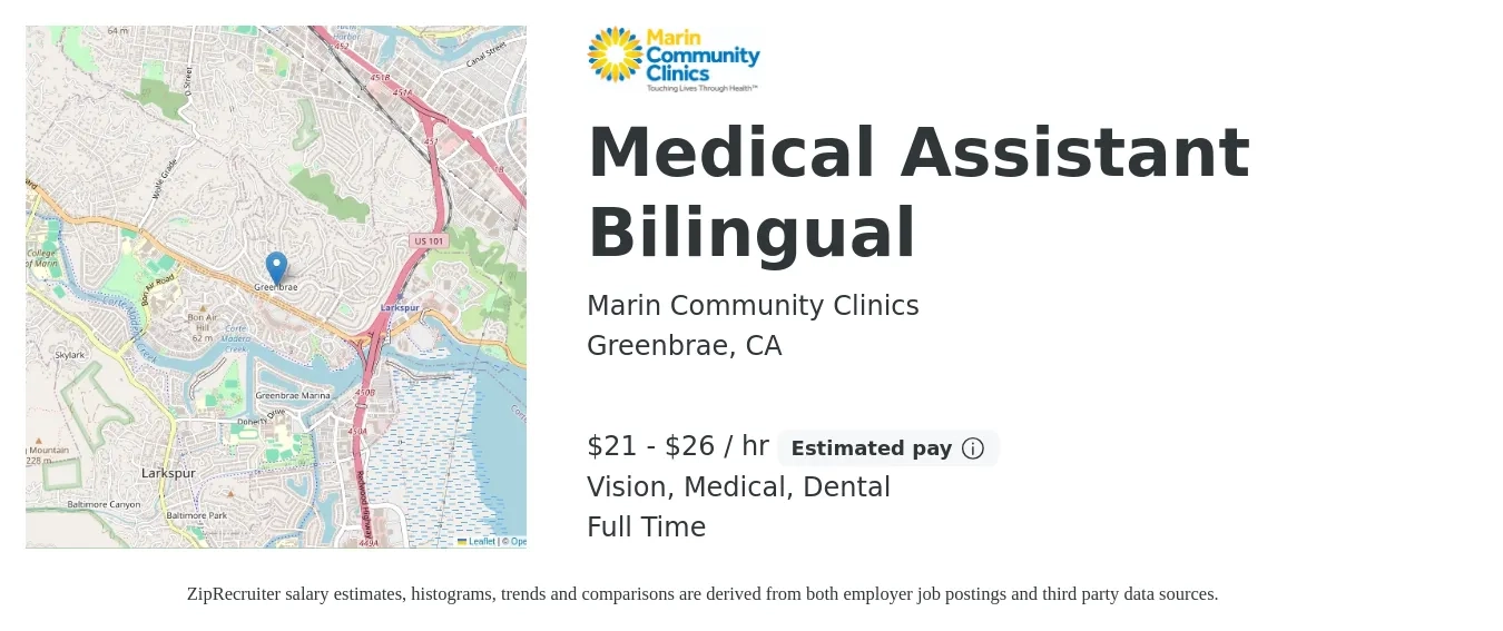 Marin Community Clinics job posting for a Medical Assistant Bilingual in Greenbrae, CA with a salary of $22 to $28 Hourly and benefits including dental, life_insurance, medical, pto, retirement, and vision with a map of Greenbrae location.