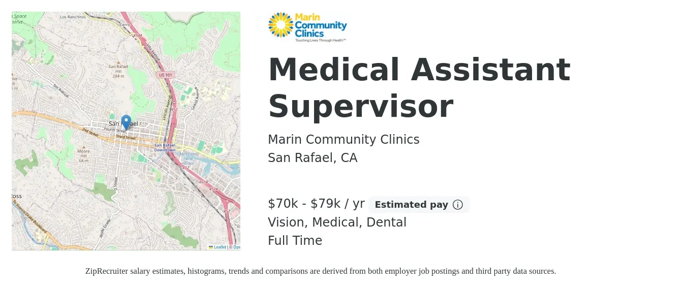 Marin Community Clinics job posting for a Medical Assistant Supervisor in San Rafael, CA with a salary of $70,720 to $79,040 Yearly and benefits including dental, life_insurance, medical, and vision with a map of San Rafael location.