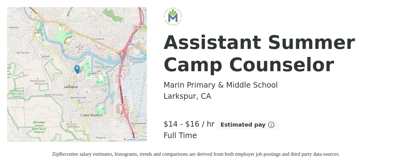 Marin Primary & Middle School job posting for a Assistant Summer Camp Counselor in Larkspur, CA with a salary of $16 to $17 Hourly with a map of Larkspur location.