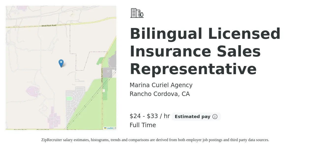 Marina Curiel Agency job posting for a Bilingual Licensed Insurance Sales Representative in Rancho Cordova, CA with a salary of $25 to $35 Hourly with a map of Rancho Cordova location.