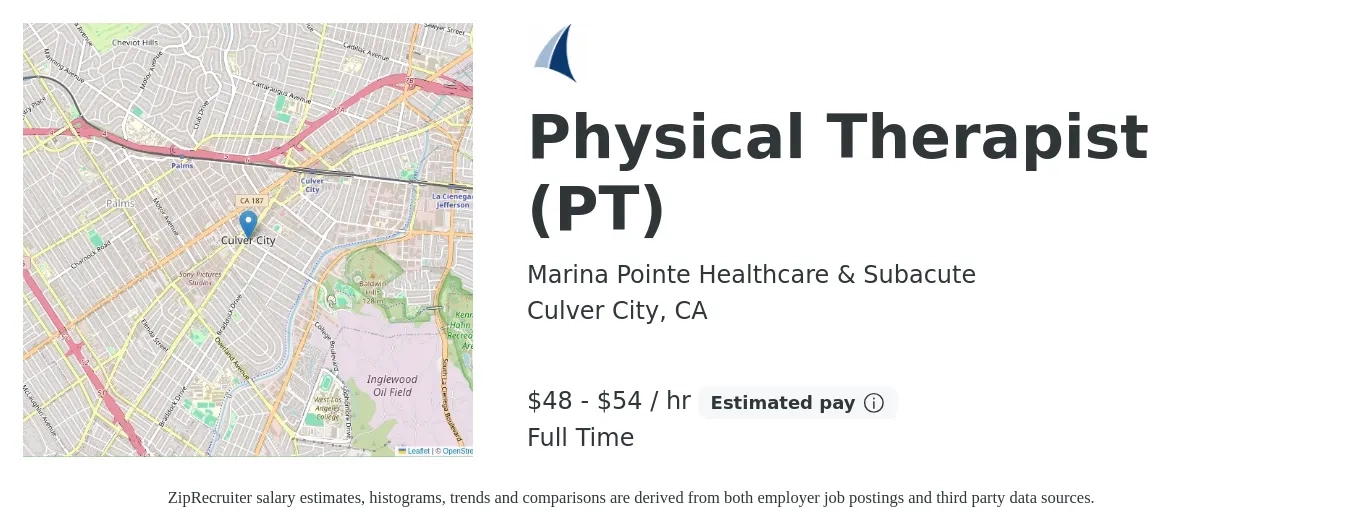 Marina Pointe Healthcare & Subacute job posting for a Physical Therapist (PT) in Culver City, CA with a salary of $50 to $57 Hourly with a map of Culver City location.