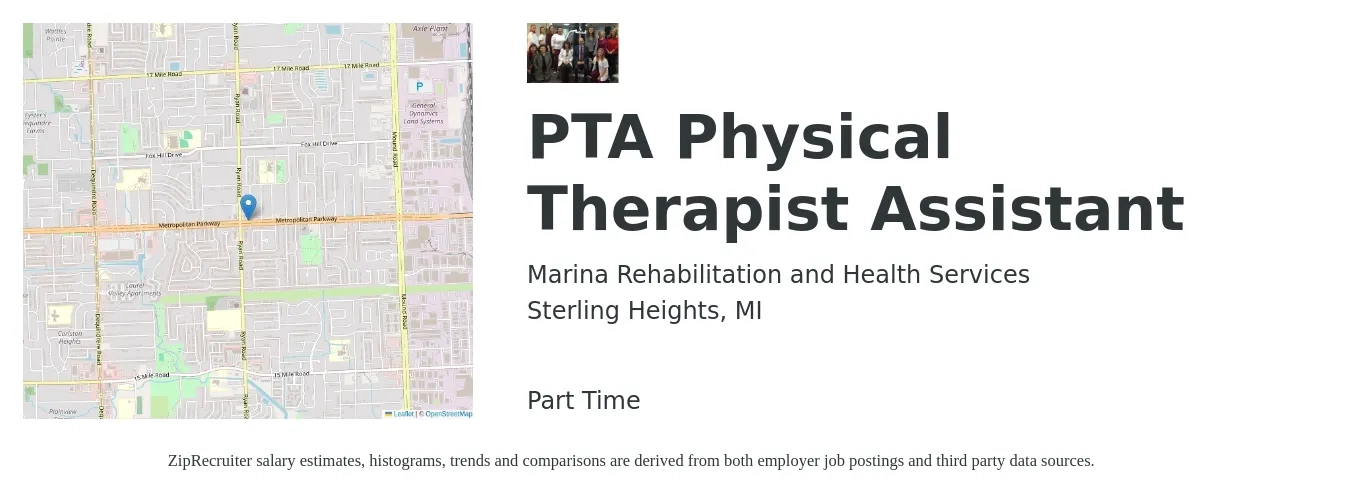 Marina Rehabilitation and Health Services job posting for a PTA Physical Therapist Assistant in Sterling Heights, MI with a salary of $26 to $34 Hourly with a map of Sterling Heights location.