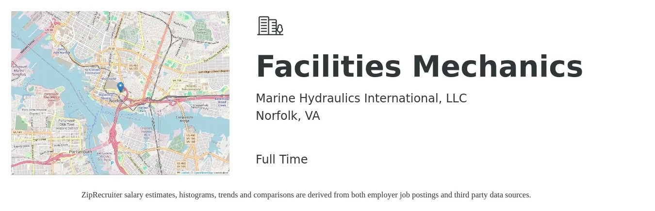 Marine Hydraulics International, LLC job posting for a Facilities Mechanics in Norfolk, VA with a salary of $22 to $34 Hourly with a map of Norfolk location.