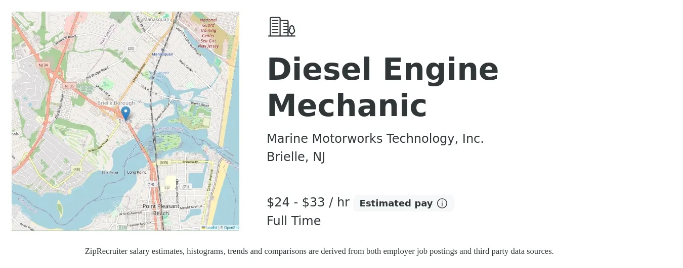 Marine Motorworks Technology, Inc. job posting for a Diesel Engine Mechanic in Brielle, NJ with a salary of $25 to $35 Hourly and benefits including pto, and retirement with a map of Brielle location.