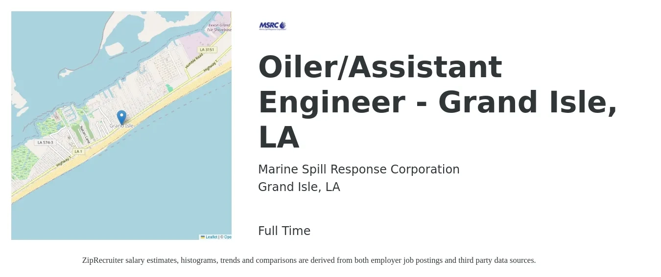 Marine Spill Response Corporation job posting for a Oiler/Assistant Engineer - Grand Isle, LA in Grand Isle, LA with a salary of $69,700 to $103,400 Yearly with a map of Grand Isle location.