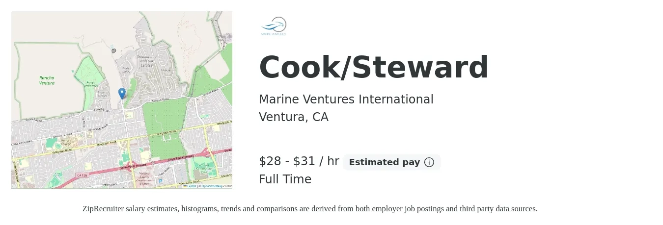 Marine Ventures International job posting for a Cook/Steward in Ventura, CA with a salary of $30 to $32 Hourly with a map of Ventura location.
