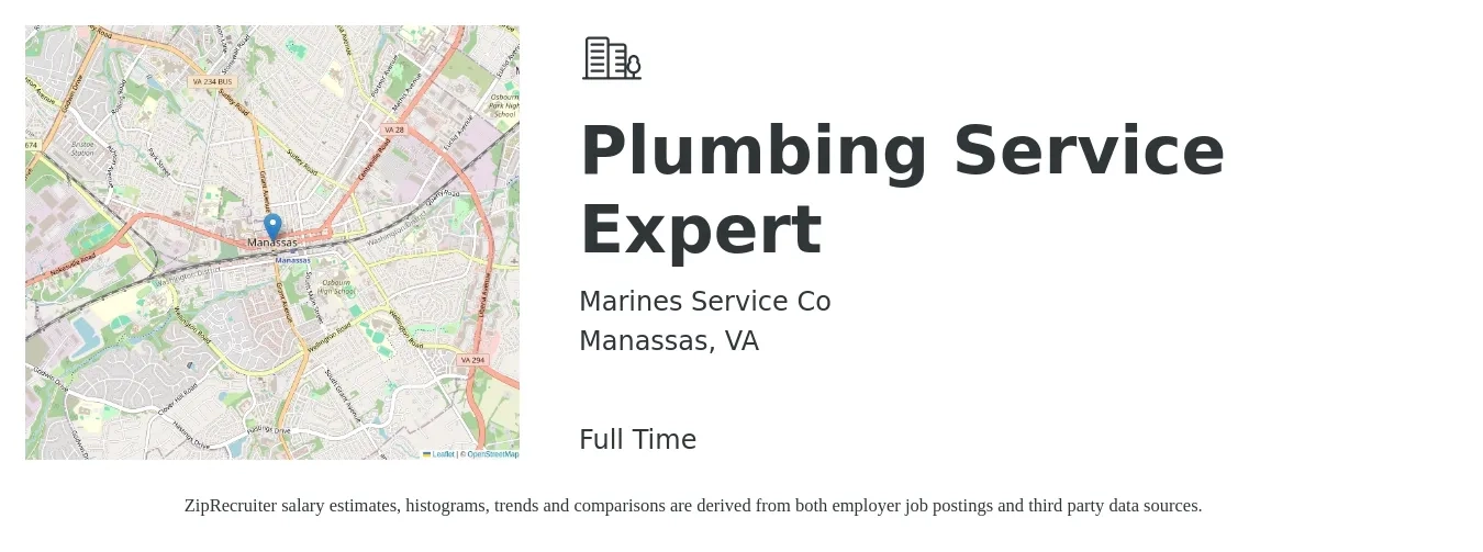 Marines Service Co job posting for a Plumbing Service Expert in Manassas, VA with a salary of $24 to $35 Hourly with a map of Manassas location.