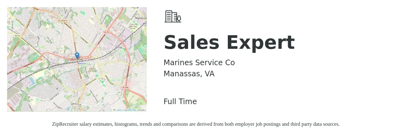 Marines Service Co job posting for a Sales Expert in Manassas, VA with a salary of $17 to $28 Hourly with a map of Manassas location.