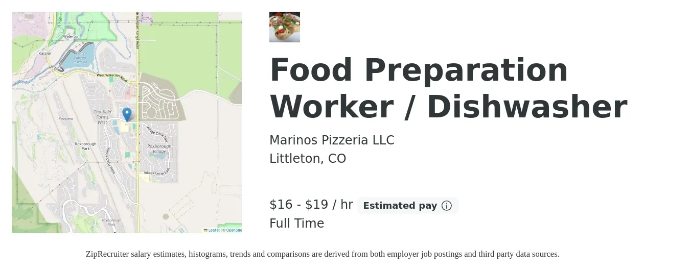Marinos Pizzeria LLC job posting for a Food Preparation Worker / Dishwasher in Littleton, CO with a salary of $17 to $20 Hourly with a map of Littleton location.