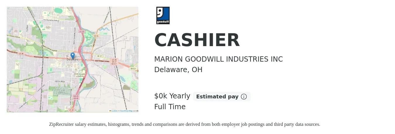 MARION GOODWILL INDUSTRIES INC job posting for a CASHIER in Delaware, OH with a salary of $11 to $15 Hourly with a map of Delaware location.