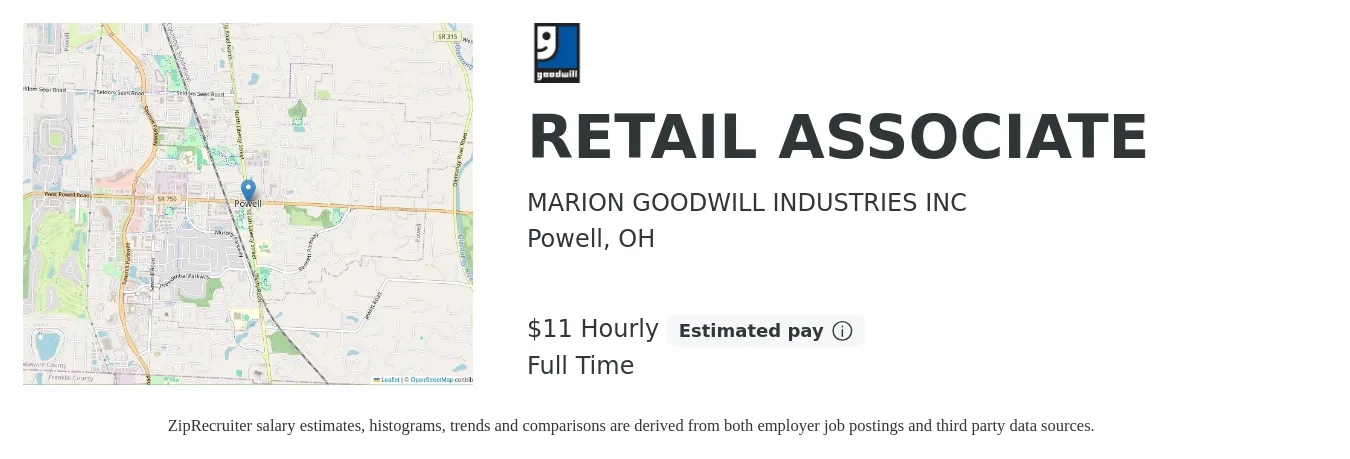 MARION GOODWILL INDUSTRIES INC job posting for a RETAIL ASSOCIATE in Powell, OH with a salary of $14 to $17 Hourly with a map of Powell location.