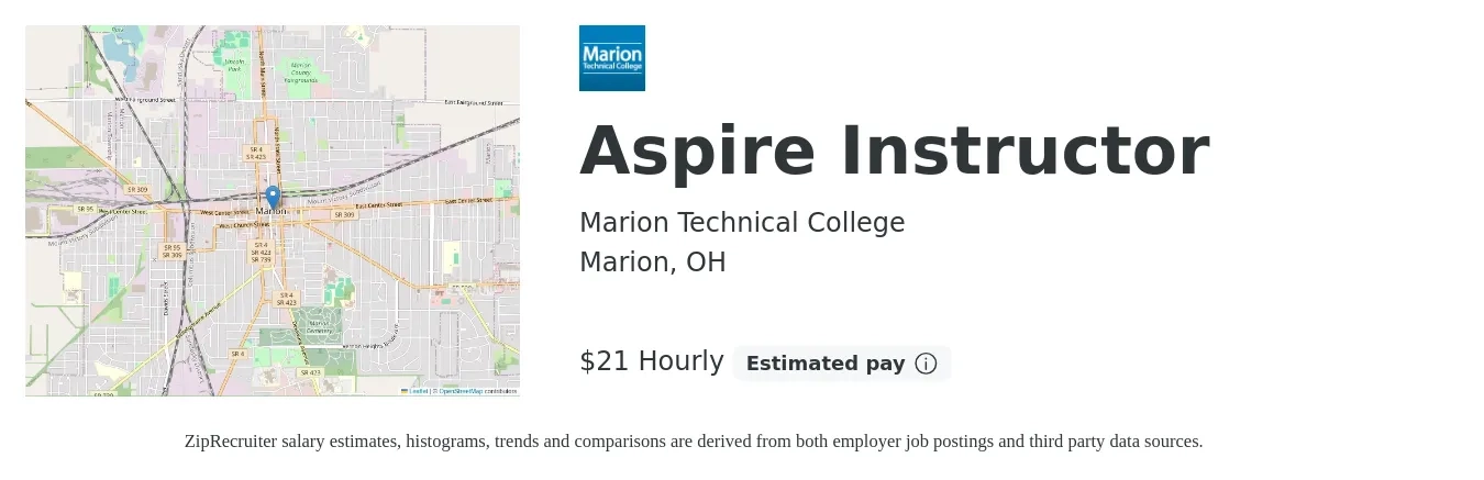 Marion Technical College job posting for a Aspire Instructor in Marion, OH with a salary of $22 Hourly with a map of Marion location.