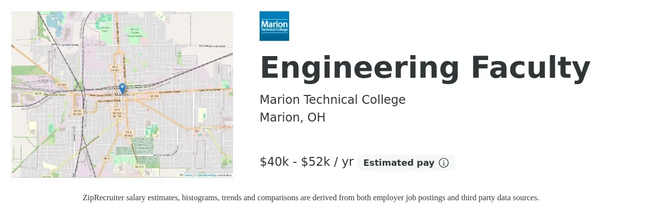 Marion Technical College job posting for a Engineering Faculty in Marion, OH with a salary of $40,000 to $52,000 Yearly with a map of Marion location.