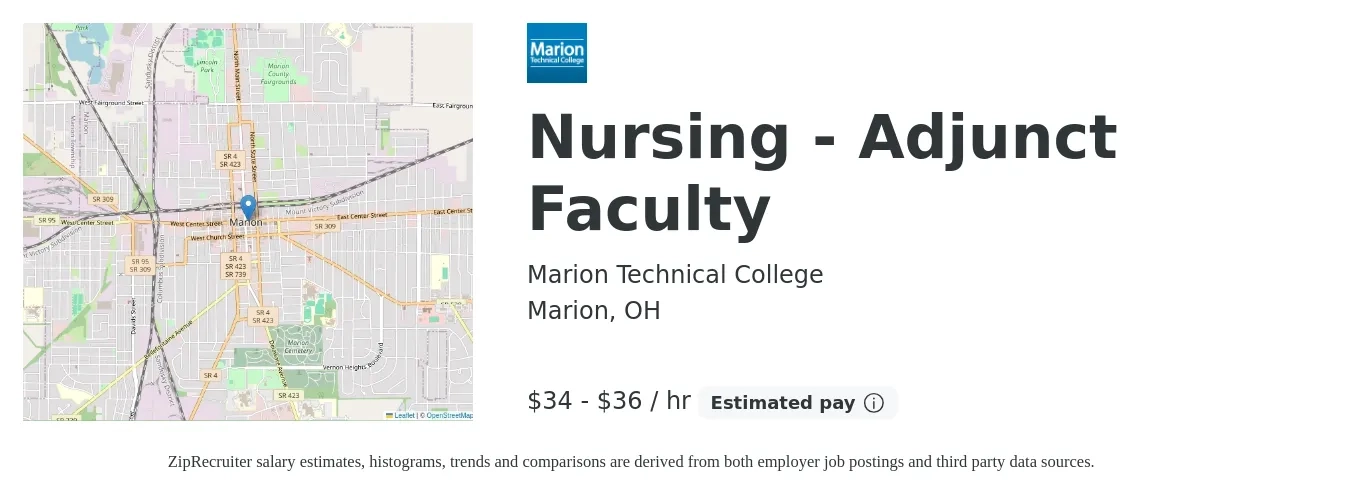 Marion Technical College job posting for a Nursing - Adjunct Faculty in Marion, OH with a salary of $36 to $38 Hourly with a map of Marion location.