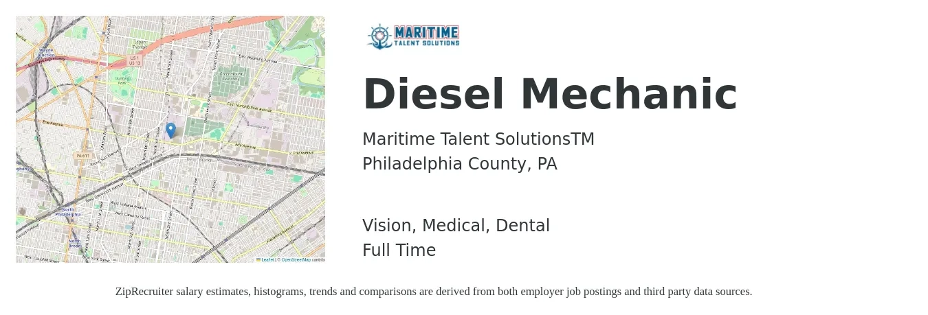 Maritime Talent SolutionsTM job posting for a Diesel Mechanic in Philadelphia County, PA with a salary of $24 to $32 Hourly and benefits including dental, life_insurance, medical, pto, retirement, and vision with a map of Philadelphia County location.