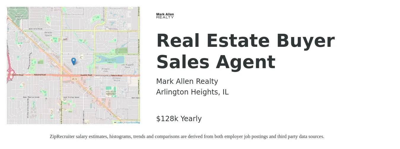 Mark Allen Realty job posting for a Real Estate Buyer Sales Agent in Arlington Heights, IL with a salary of $20,000 Monthly with a map of Arlington Heights location.