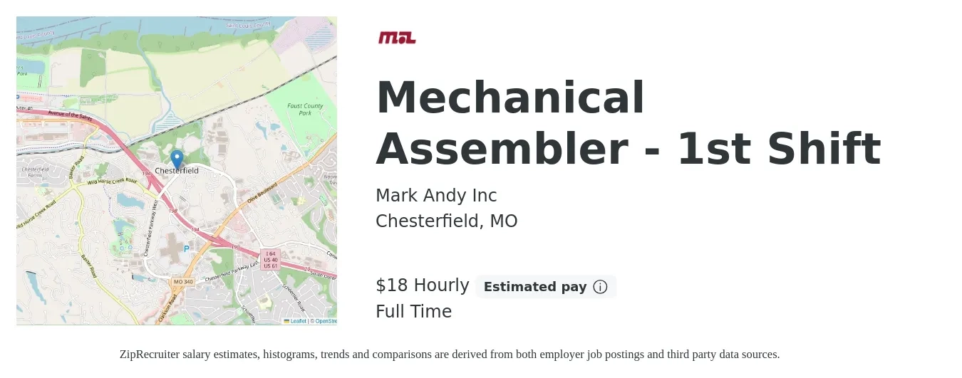 Mark Andy Inc job posting for a Mechanical Assembler - 1st Shift in Chesterfield, MO with a salary of $19 Hourly with a map of Chesterfield location.
