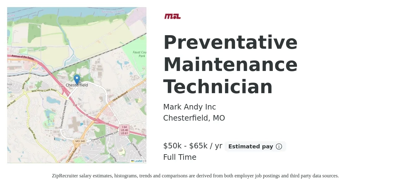 Mark Andy Inc job posting for a Preventative Maintenance Technician in Chesterfield, MO with a salary of $45,000 to $65,000 Yearly with a map of Chesterfield location.