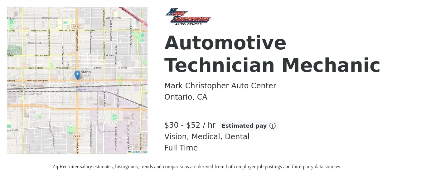 Mark Christopher Auto Center job posting for a Automotive Technician Mechanic in Ontario, CA with a salary of $32 to $55 Hourly (plus commission) and benefits including dental, life_insurance, medical, retirement, and vision with a map of Ontario location.