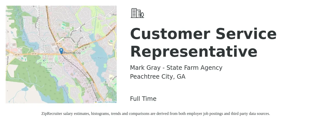 Mark Gray - State Farm Agency job posting for a Customer Service Representative in Peachtree City, GA with a salary of $15 to $20 Hourly with a map of Peachtree City location.