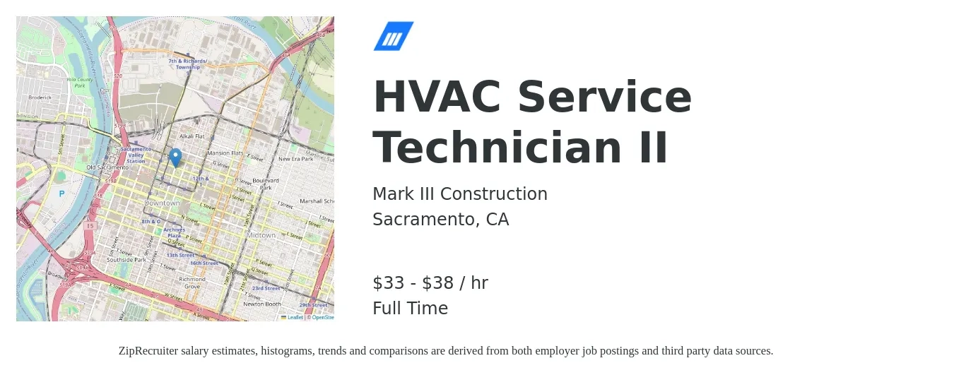 Mark III Construction job posting for a HVAC Service Technician II in Sacramento, CA with a salary of $35 to $40 Hourly with a map of Sacramento location.