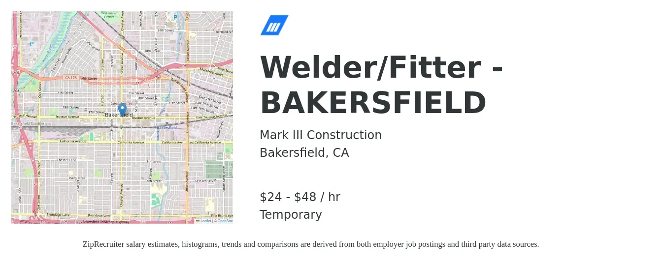 Mark III Construction job posting for a Welder/Fitter - BAKERSFIELD in Bakersfield, CA with a salary of $25 to $50 Hourly with a map of Bakersfield location.