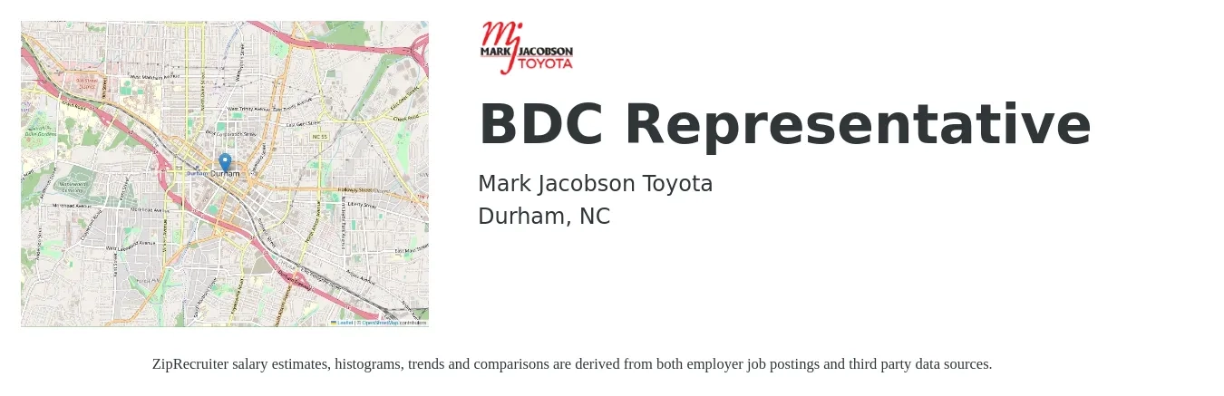 Mark Jacobson Toyota job posting for a BDC Representative in Durham, NC with a salary of $14 to $19 Hourly with a map of Durham location.