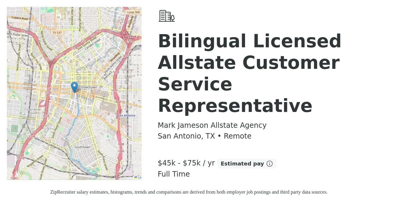 Mark Jameson Allstate Agency job posting for a Bilingual Licensed Allstate Customer Service Representative in San Antonio, TX with a salary of $45,000 to $75,000 Yearly with a map of San Antonio location.