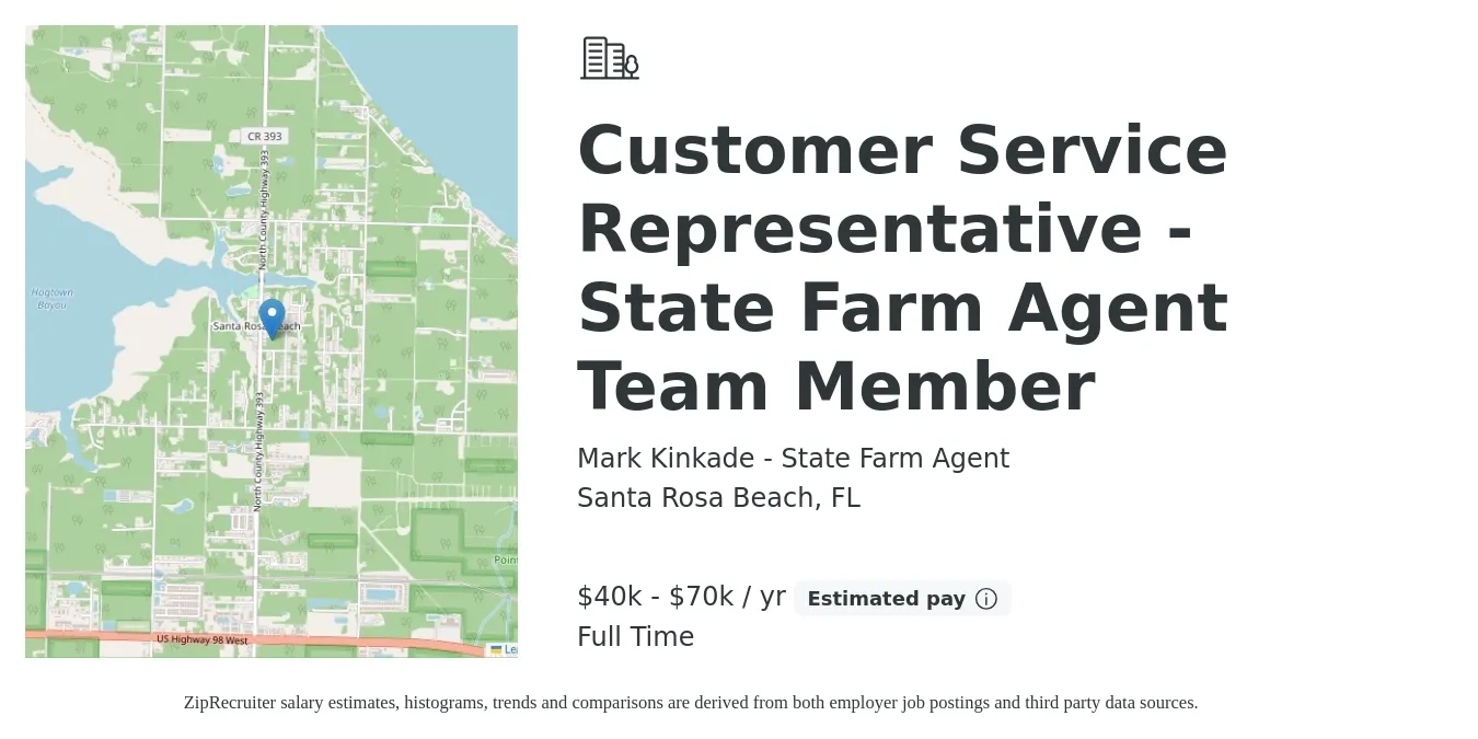 Mark Kinkade - State Farm Agent job posting for a Customer Service Representative - State Farm Agent Team Member in Santa Rosa Beach, FL with a salary of $40,000 to $70,000 Yearly with a map of Santa Rosa Beach location.