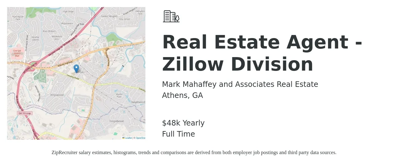 Mark Mahaffey and Associates Real Estate job posting for a Real Estate Agent - Zillow Division in Athens, GA with a salary of $48,227 Yearly with a map of Athens location.