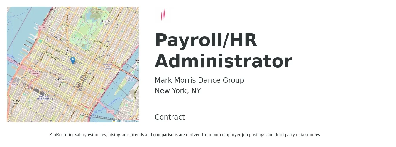 Mark Morris Dance Group job posting for a Payroll/HR Administrator in New York, NY with a salary of $27 to $36 Hourly with a map of New York location.