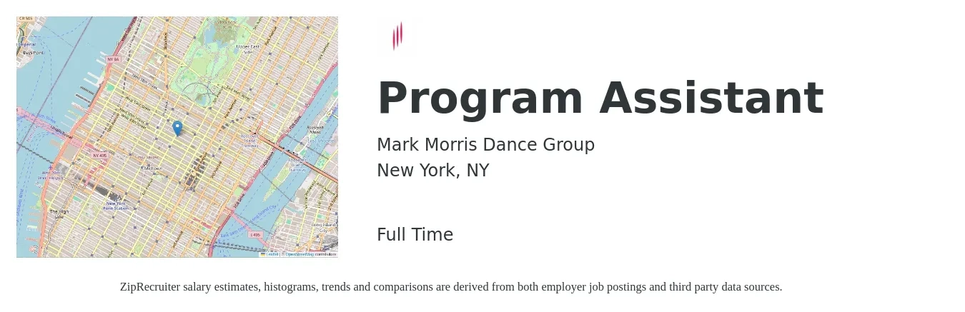 Mark Morris Dance Group job posting for a Program Assistant in New York, NY with a salary of $41,000 to $52,000 Yearly with a map of New York location.