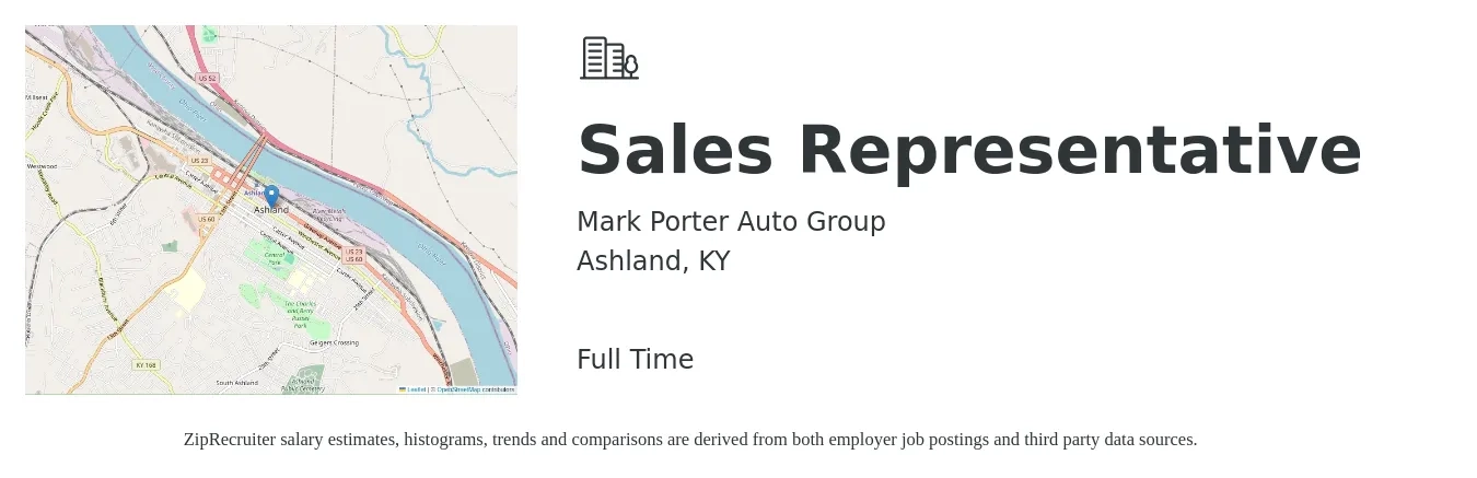 Mark Porter Auto Group job posting for a Sales Representative in Ashland, KY with a salary of $47,000 to $81,600 Yearly with a map of Ashland location.