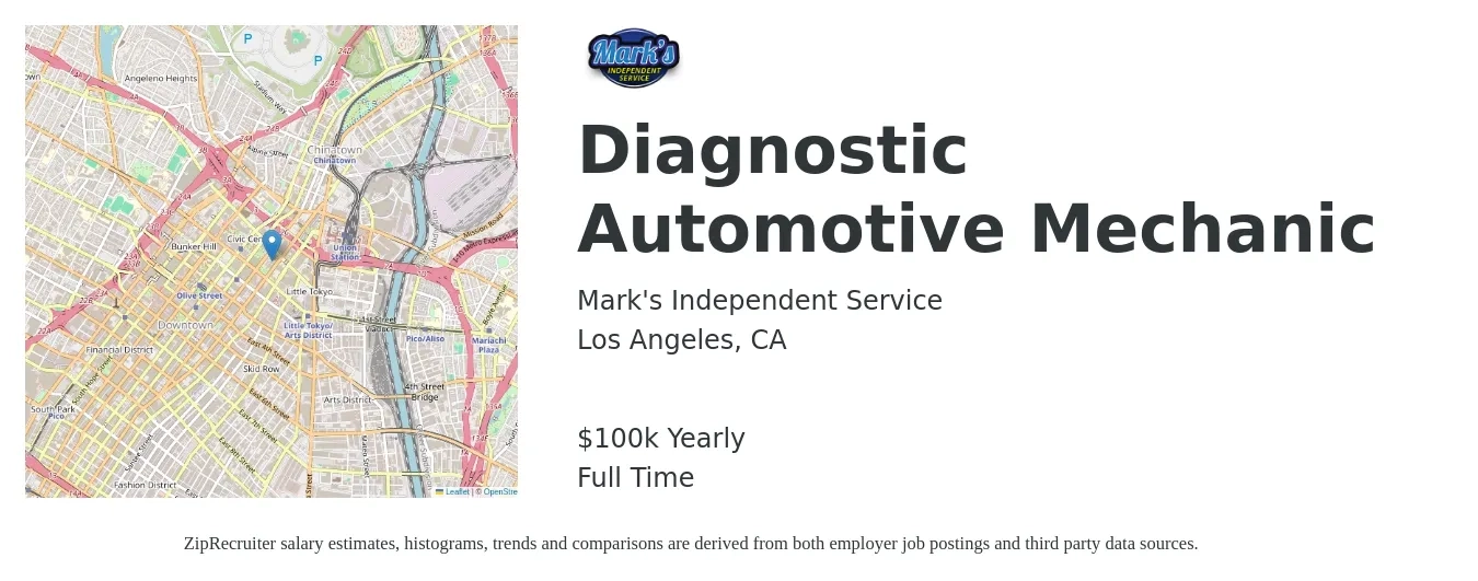 Mark's Independent Service job posting for a Diagnostic Automotive Mechanic in Los Angeles, CA with a salary of $100,000 Yearly with a map of Los Angeles location.