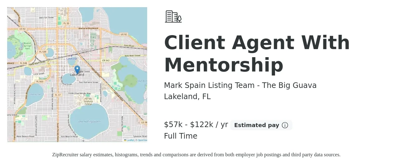 Mark Spain Listing Team - The Big Guava job posting for a Client Agent With Mentorship in Lakeland, FL with a salary of $57,000 to $122,500 Yearly with a map of Lakeland location.