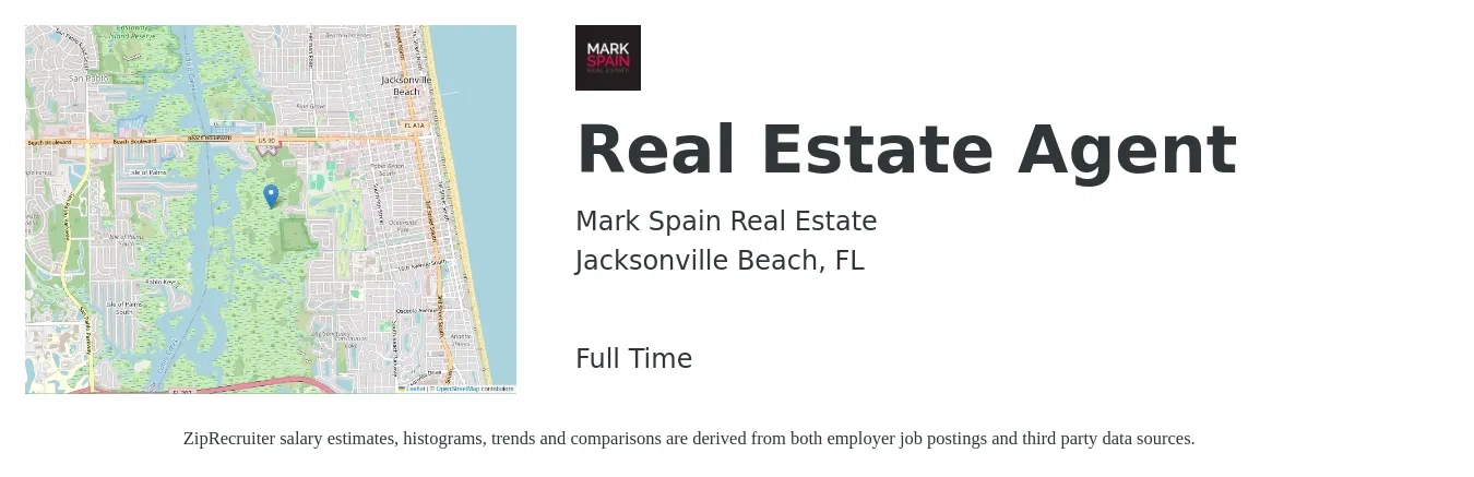 Mark Spain Real Estate job posting for a Real Estate Agent in Jacksonville Beach, FL with a salary of $53,700 to $89,500 Yearly with a map of Jacksonville Beach location.