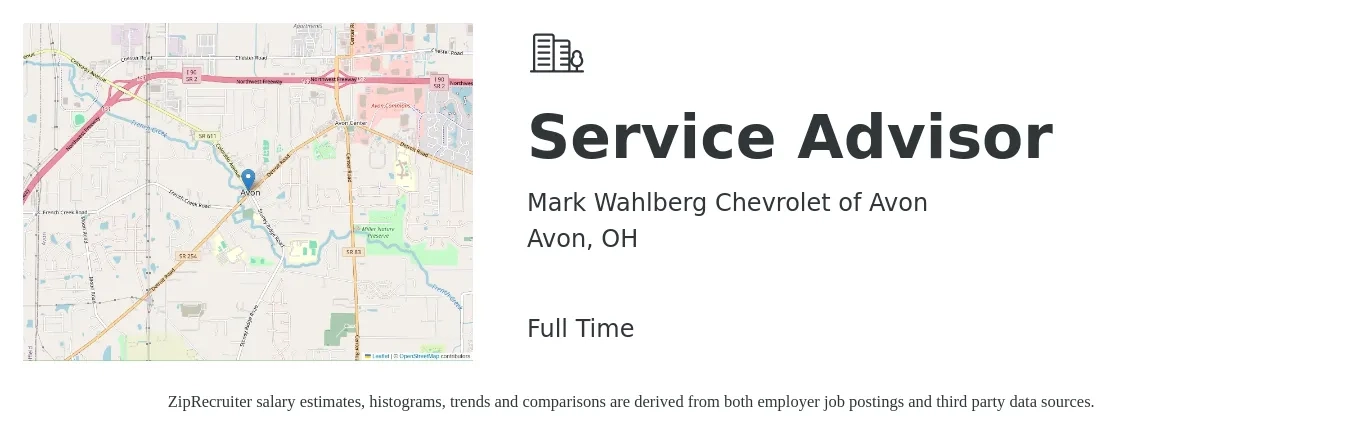 Mark Wahlberg Chevrolet of Avon job posting for a Service Advisor in Avon, OH with a salary of $18 to $28 Hourly with a map of Avon location.