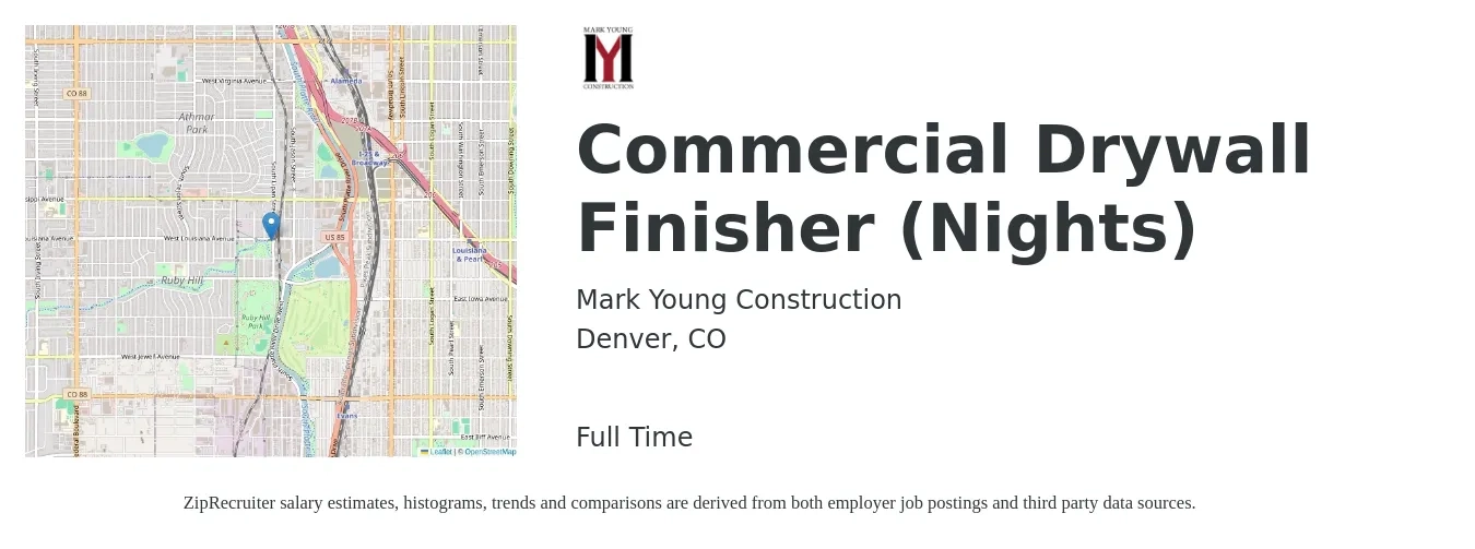 Mark Young Construction job posting for a Commercial Drywall Finisher (Nights) in Denver, CO with a salary of $26 to $36 Hourly with a map of Denver location.
