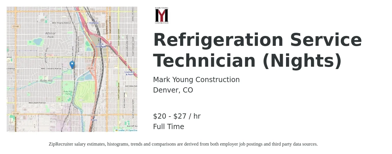Mark Young Construction job posting for a Refrigeration Service Technician (Nights) in Denver, CO with a salary of $21 to $29 Hourly with a map of Denver location.