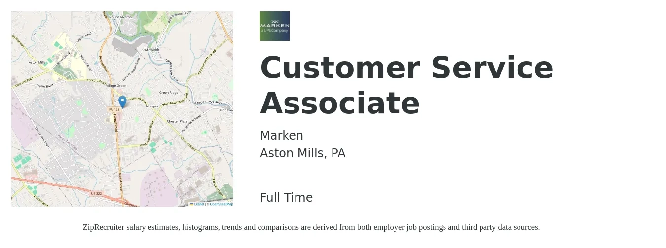 Marken job posting for a Customer Service Associate in Aston Mills, PA with a salary of $14 to $19 Hourly with a map of Aston Mills location.