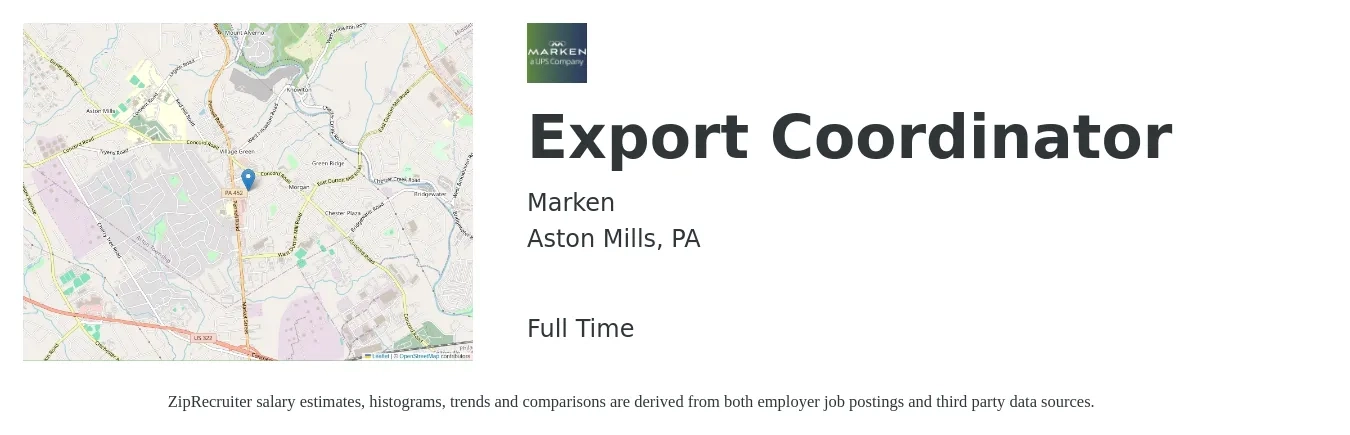Marken job posting for a Export Coordinator in Aston Mills, PA with a salary of $21 to $28 Hourly with a map of Aston Mills location.
