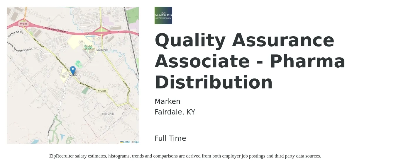 Marken job posting for a Quality Assurance Associate - Pharma Distribution in Fairdale, KY with a salary of $19 to $34 Hourly with a map of Fairdale location.