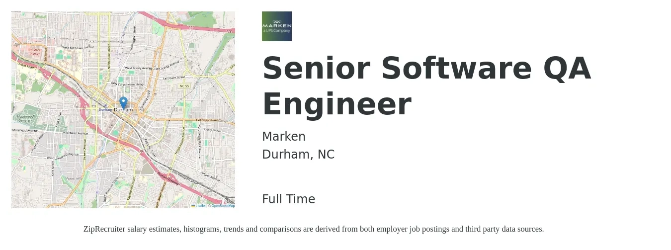 Marken job posting for a Senior Software QA Engineer in Durham, NC with a salary of $92,400 to $124,600 Yearly with a map of Durham location.