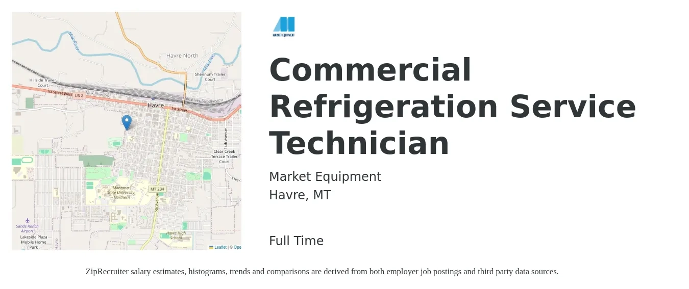 Market Equipment job posting for a Commercial Refrigeration Service Technician in Havre, MT with a salary of $23 to $32 Hourly with a map of Havre location.